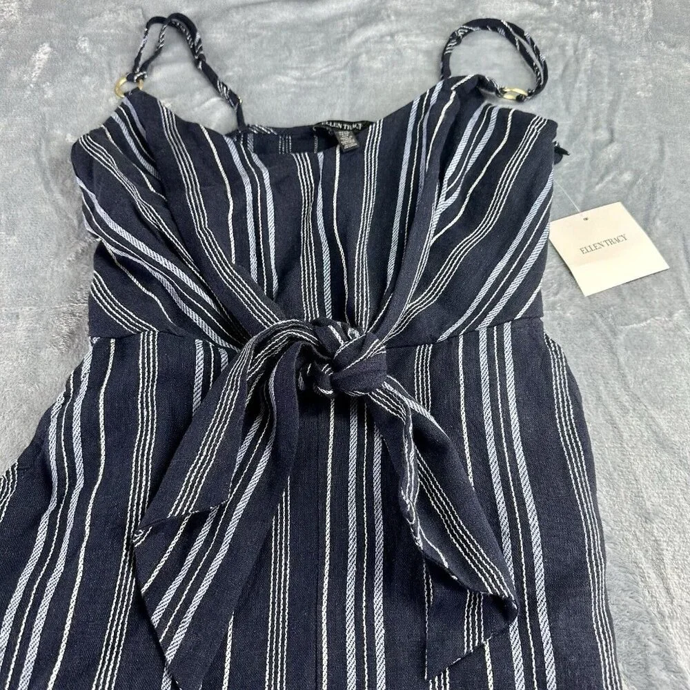 Ellen Tracy Tie Front Linen Blend Dress Size Small Navy White‎ Stripe $129 NWT